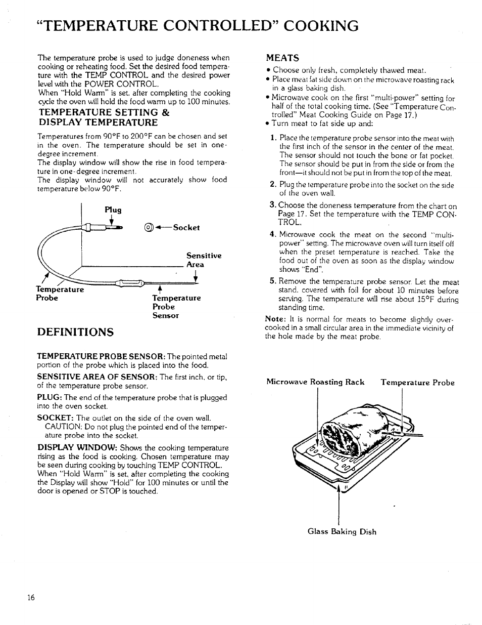 Temperature setting, Display temperature, Meats | Temperature controlled” cooking, Definitions | Sears 85951 User Manual | Page 16 / 40