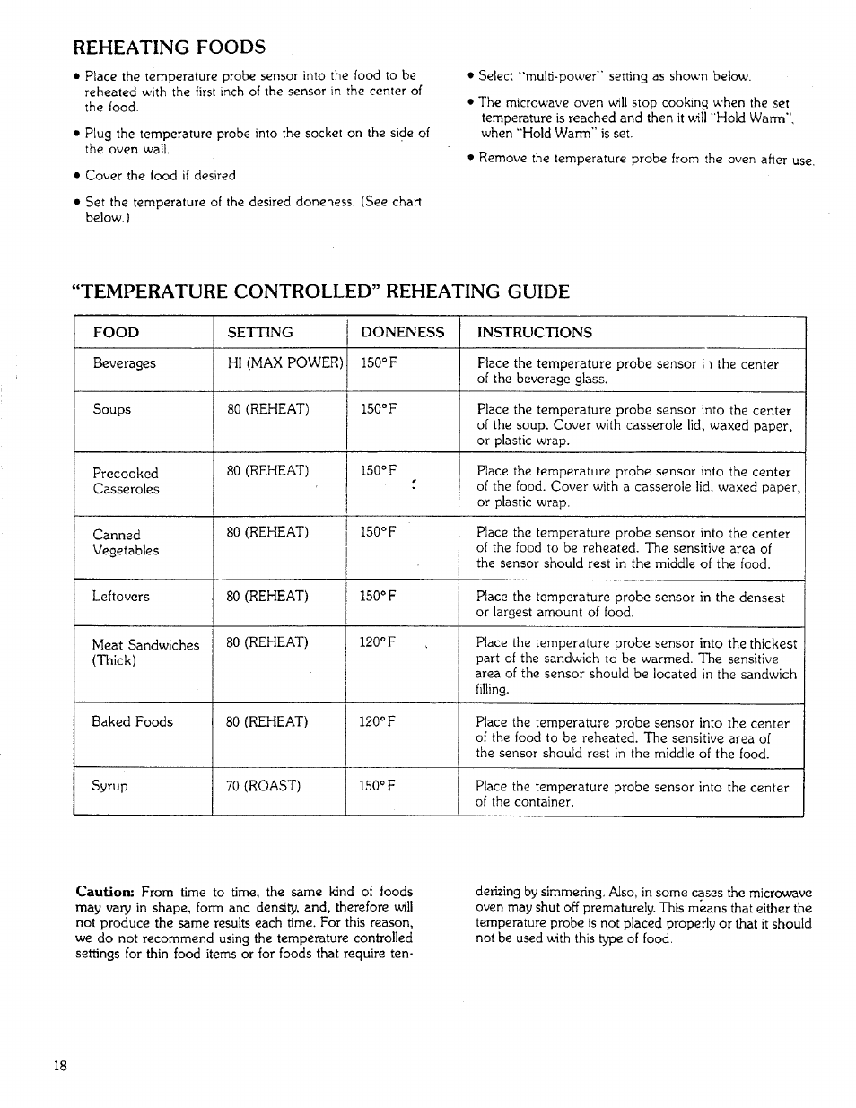 Reheating foods, Temperature controlled” reheating guide | Sears 85951 User Manual | Page 18 / 40