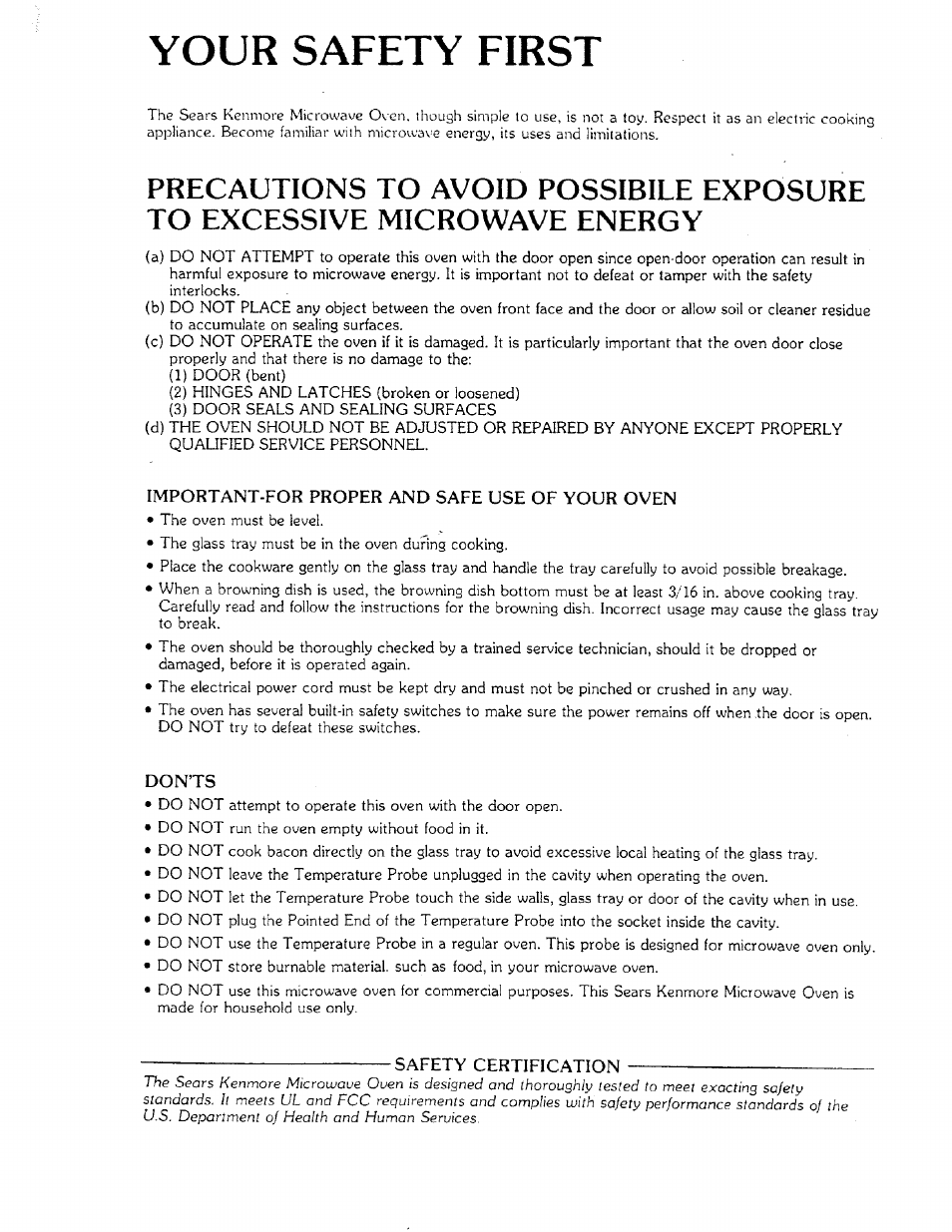 Your safety first, Important-for proper and safe use of your oven, Donts | Sears 85951 User Manual | Page 2 / 40