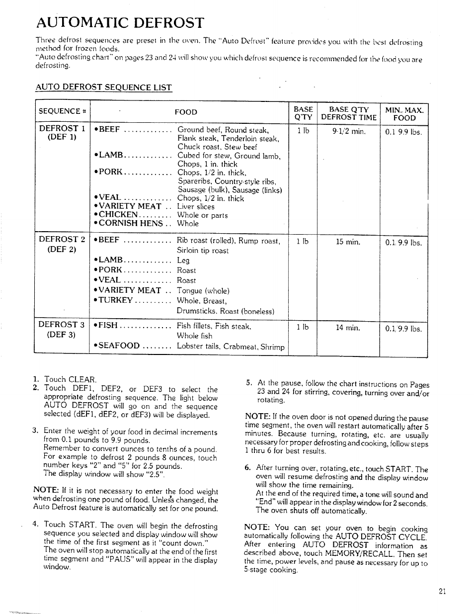 Automatic defrost | Sears 85951 User Manual | Page 21 / 40