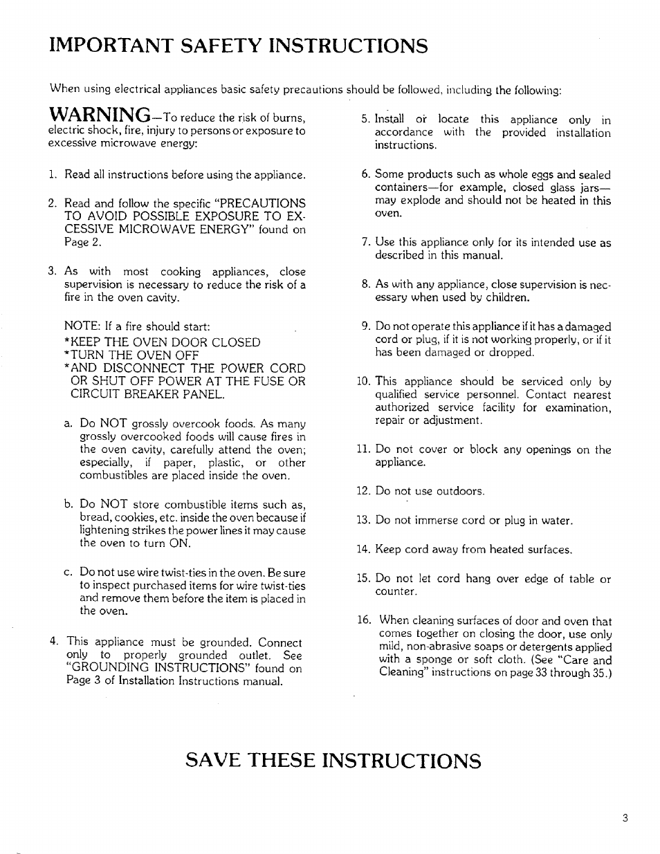 Save these instructions, Warning, Important safety instructions | Sears 85951 User Manual | Page 3 / 40