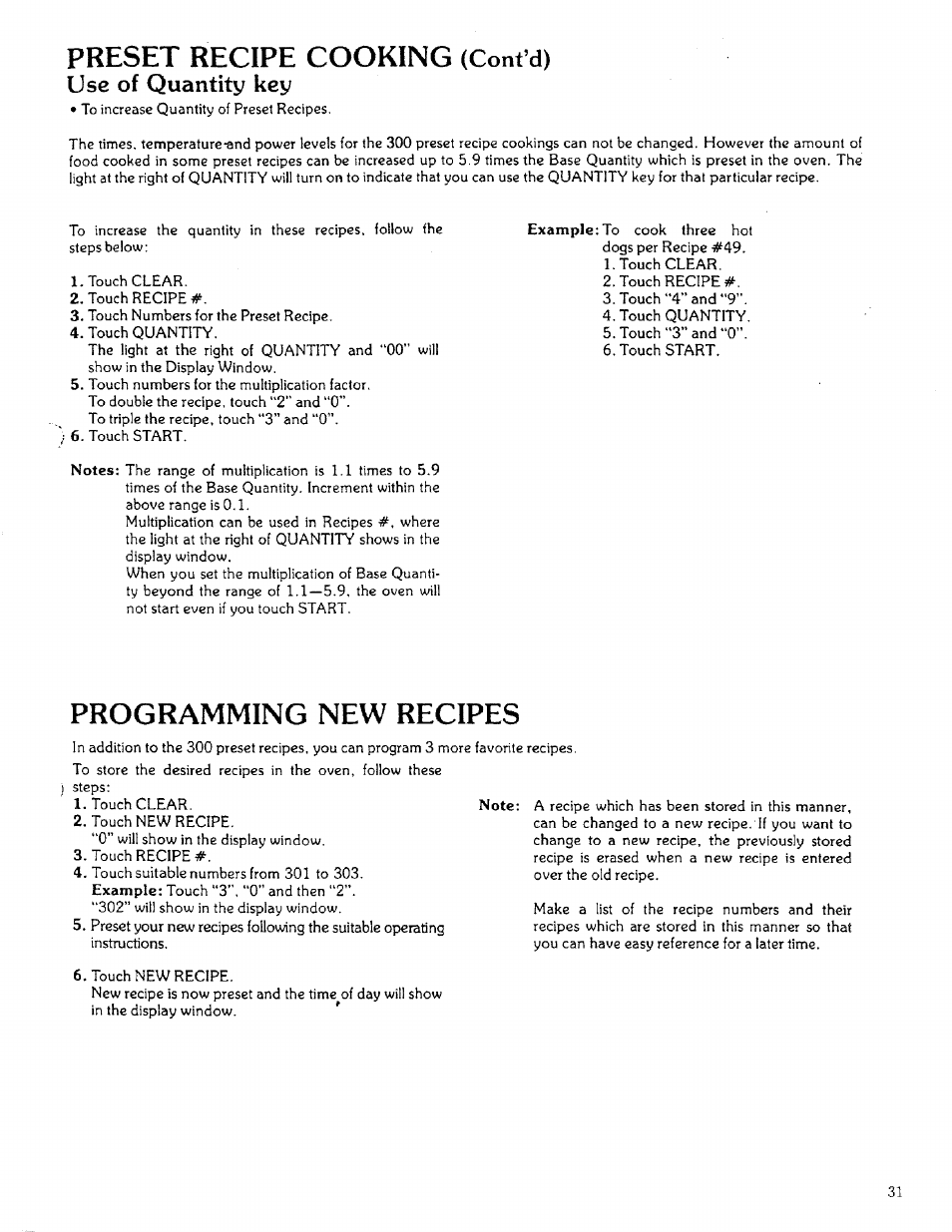 Programming new recipes, Preset recipe cooking (cont’d), Use of quantity key | Sears 85951 User Manual | Page 31 / 40