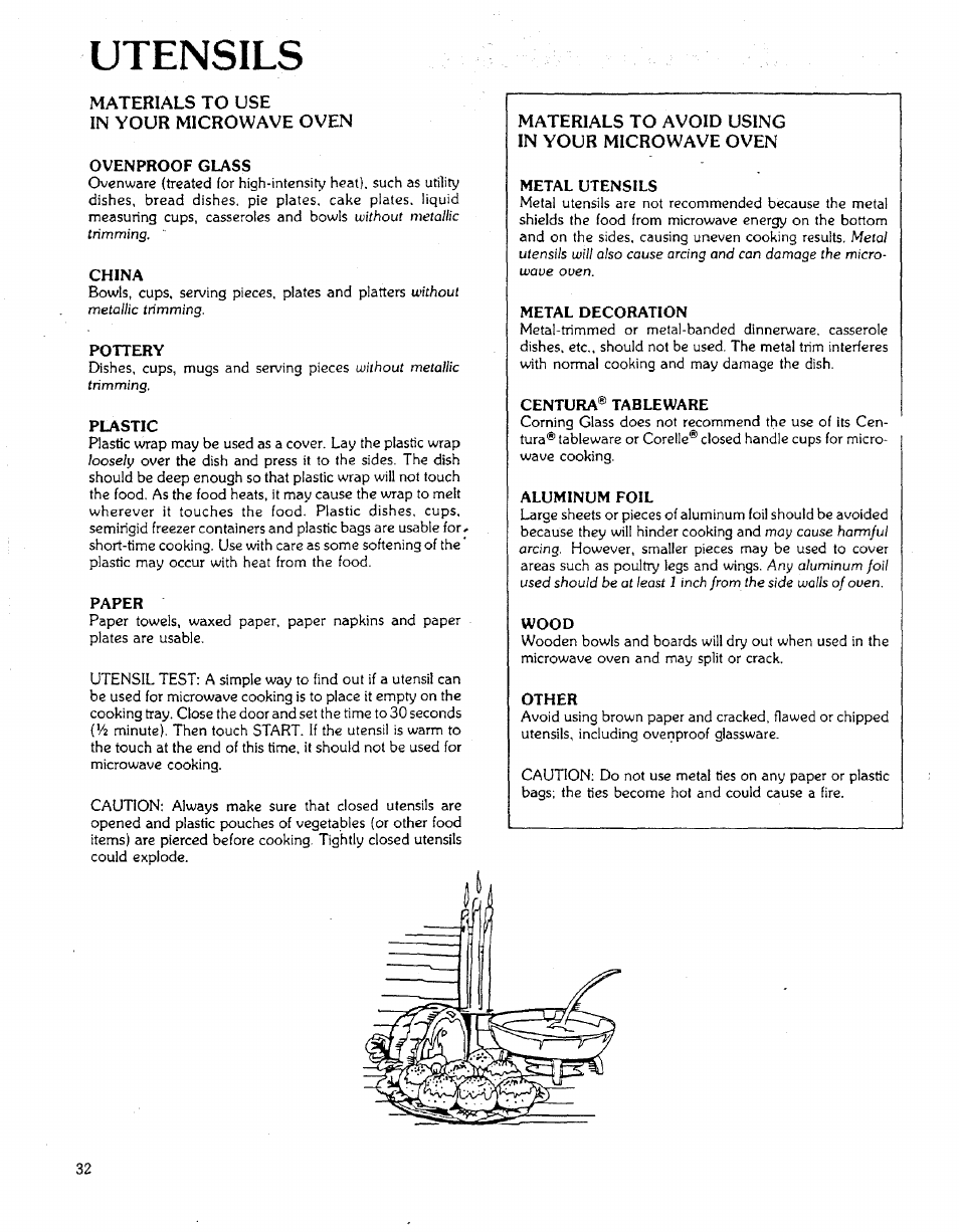 Utensils, Materials to use in your microwave oven | Sears 85951 User Manual | Page 32 / 40