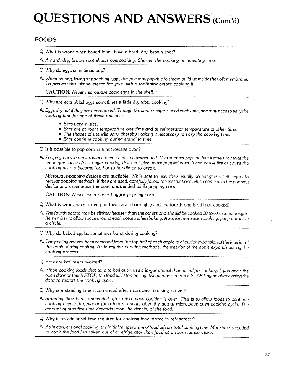 Questions and answers, Foods, Cont’d) | Sears 85951 User Manual | Page 37 / 40