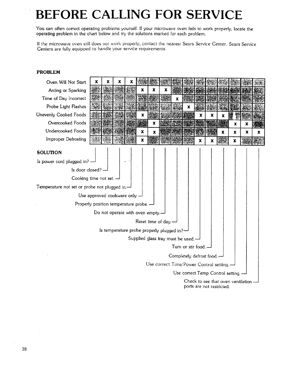 Before calling for service, Before calling for service g | Sears 85951 User Manual | Page 38 / 40