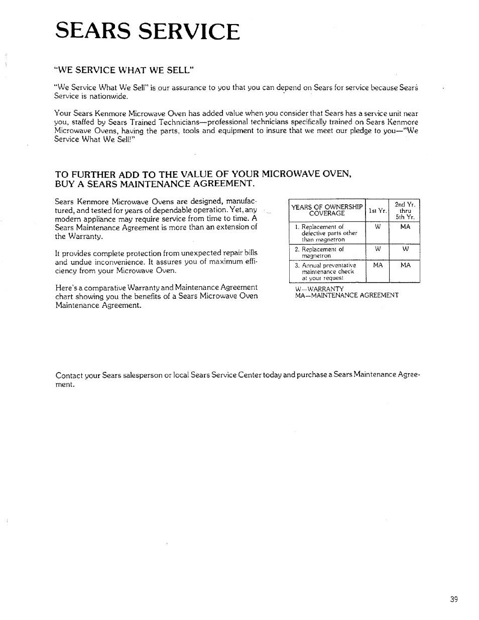 Sears service, We service what we sell | Sears 85951 User Manual | Page 39 / 40