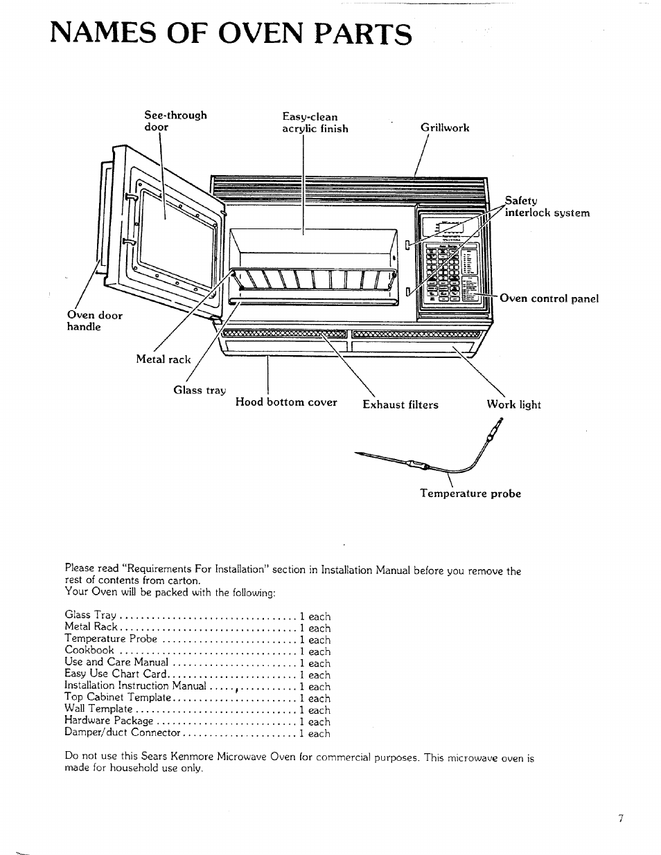 Names of oven parts | Sears 85951 User Manual | Page 7 / 40