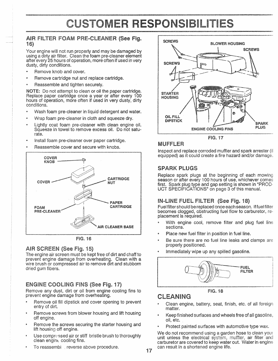 Customer responsibilities, Cleaning | Sears 917.25559 User Manual | Page 17 / 52