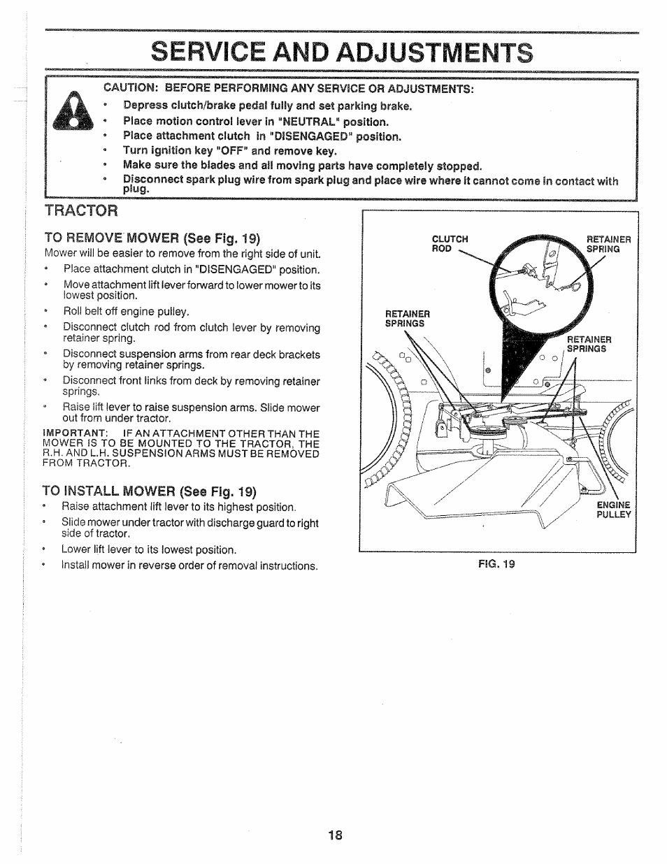 To remove mower (see fig. 19), To install mower (see fig. 19), Service and adjustments | From, Tractor | Sears 917.25559 User Manual | Page 18 / 52