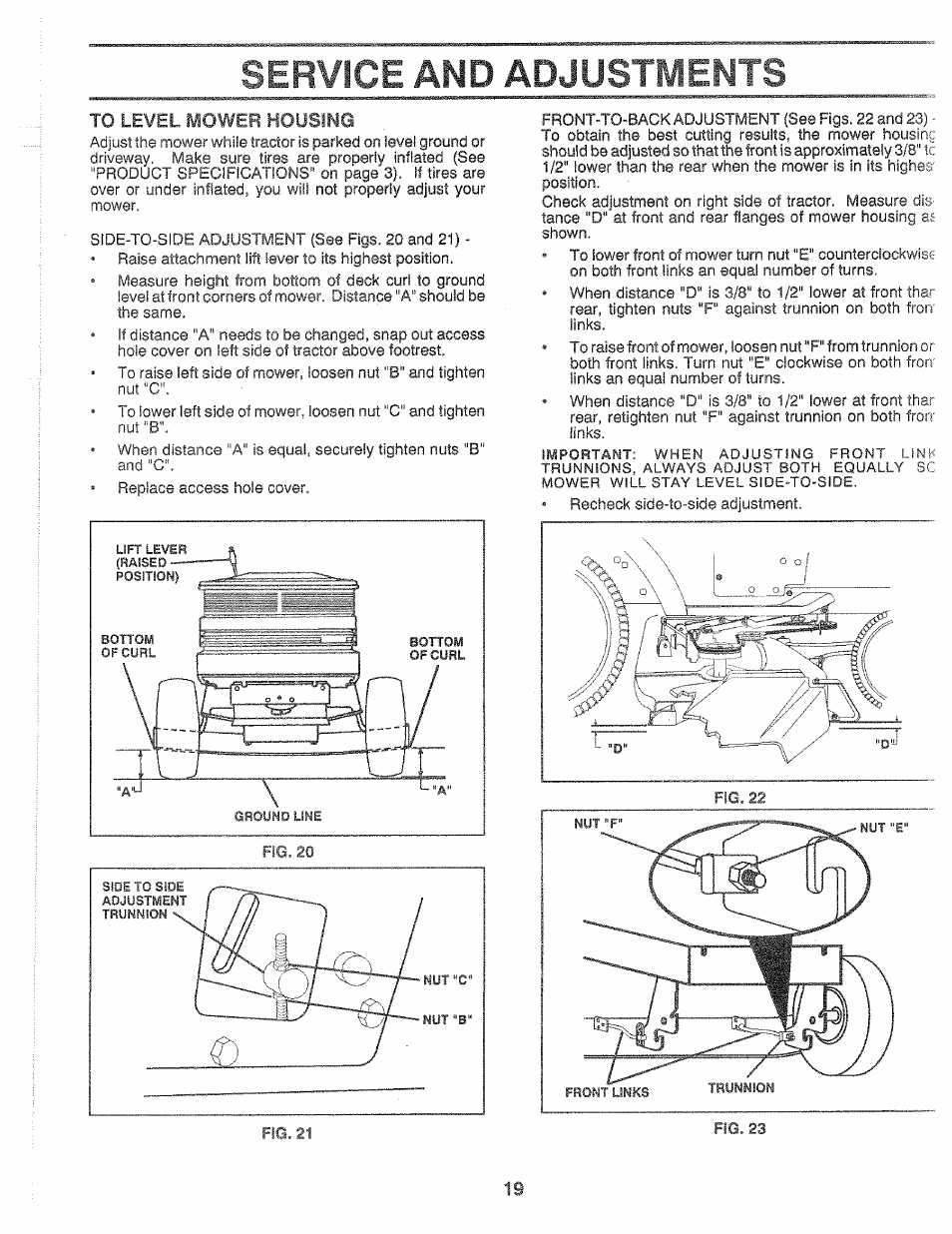 Service and adjustments, Lift lever (raised position), Of curl bottom | Important: when adjusting front linh, Sc mower will stay level side-to-side | Sears 917.25559 User Manual | Page 19 / 52