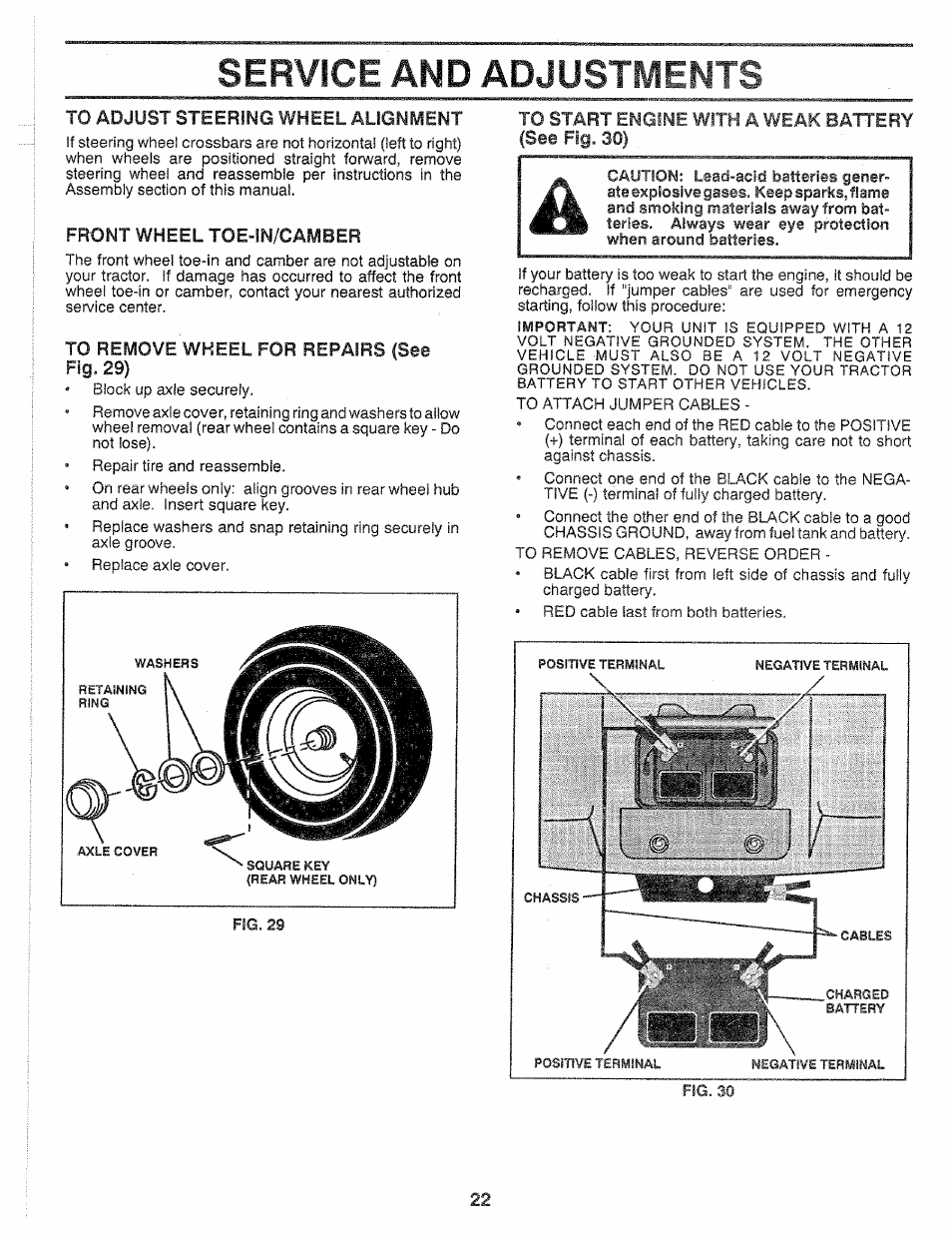 Service and adjustments, Your, Is equipped with a 12 | Vehicles, Battery, Negative terminal | Sears 917.25559 User Manual | Page 22 / 52