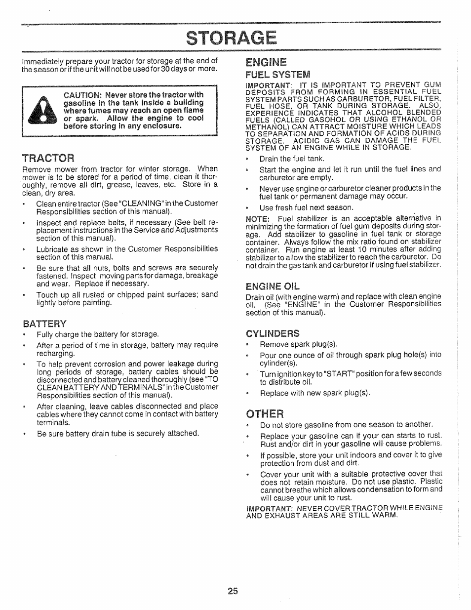 Storage, Engine oil, Cylinders | Engine, Other, Tractor | Sears 917.25559 User Manual | Page 25 / 52