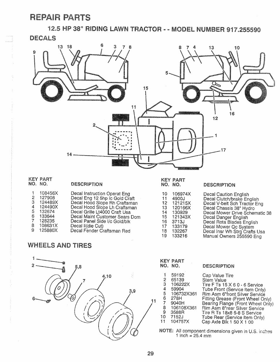 Repair parts, Decals, Wheels and tires | Sears 917.25559 User Manual | Page 29 / 52