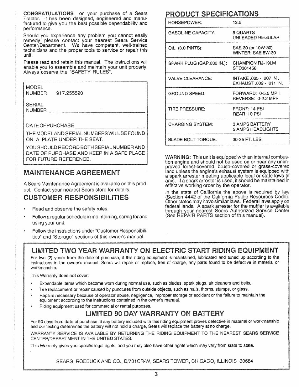 Customer, Product specifications, Maintenance agreement | Responsibilities, Limited 90 day warranty on battery | Sears 917.25559 User Manual | Page 3 / 52