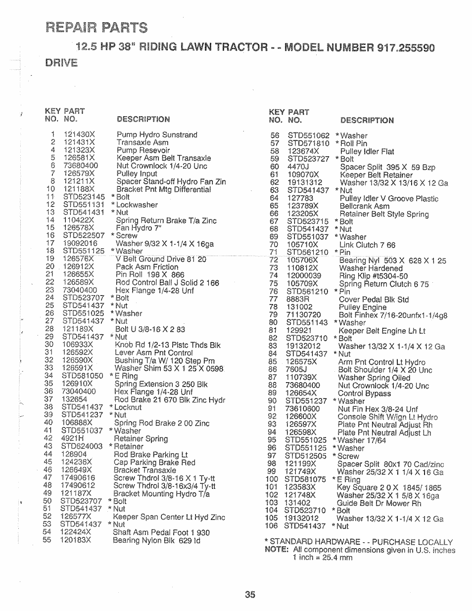 Tef/ lif paj^tts, Hp 38, Lawn tractor | Riding, Model number, Dr1¥e | Sears 917.25559 User Manual | Page 35 / 52