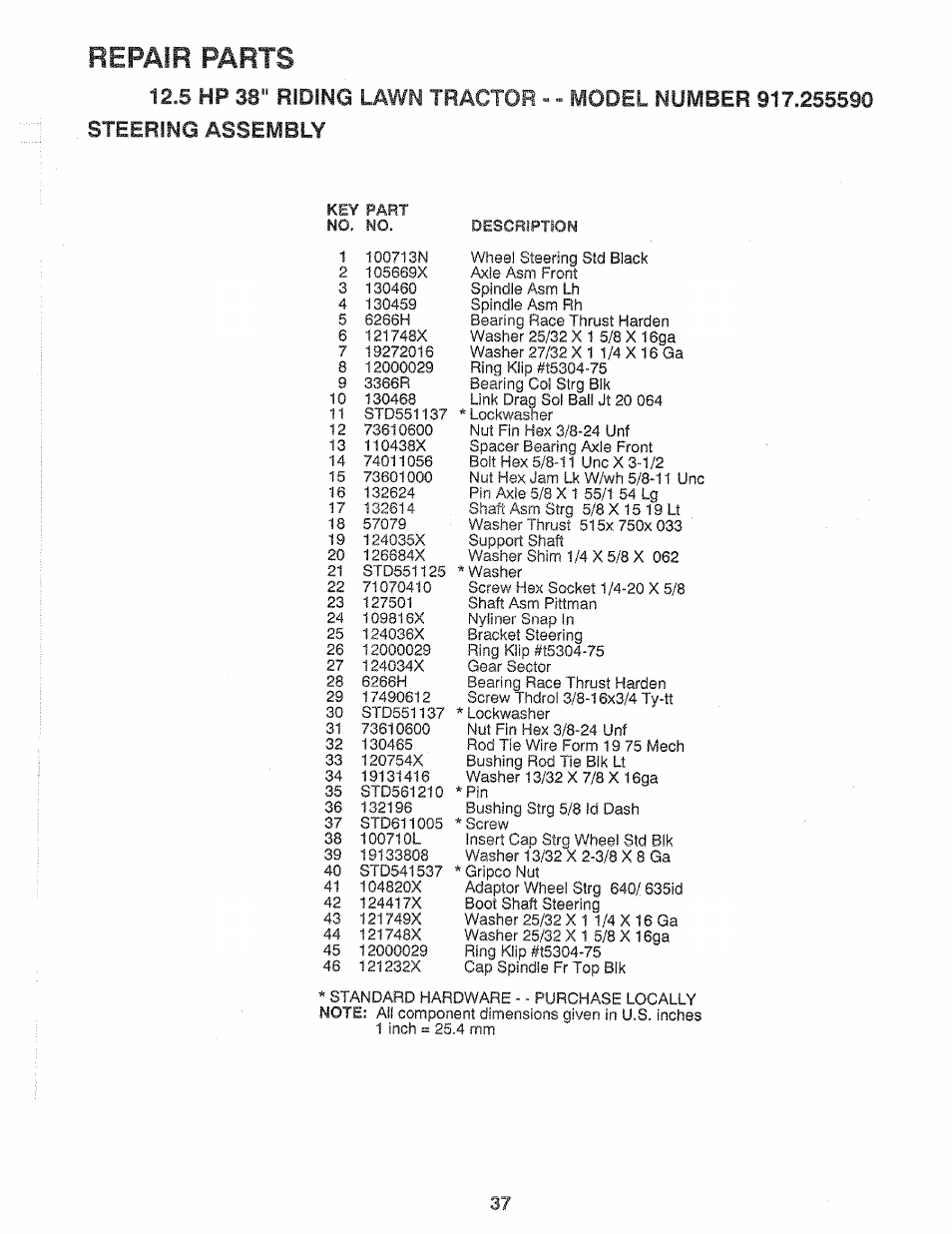 Repair parts, Lawn tractor, 5 hp 38" riding | Sears 917.25559 User Manual | Page 37 / 52