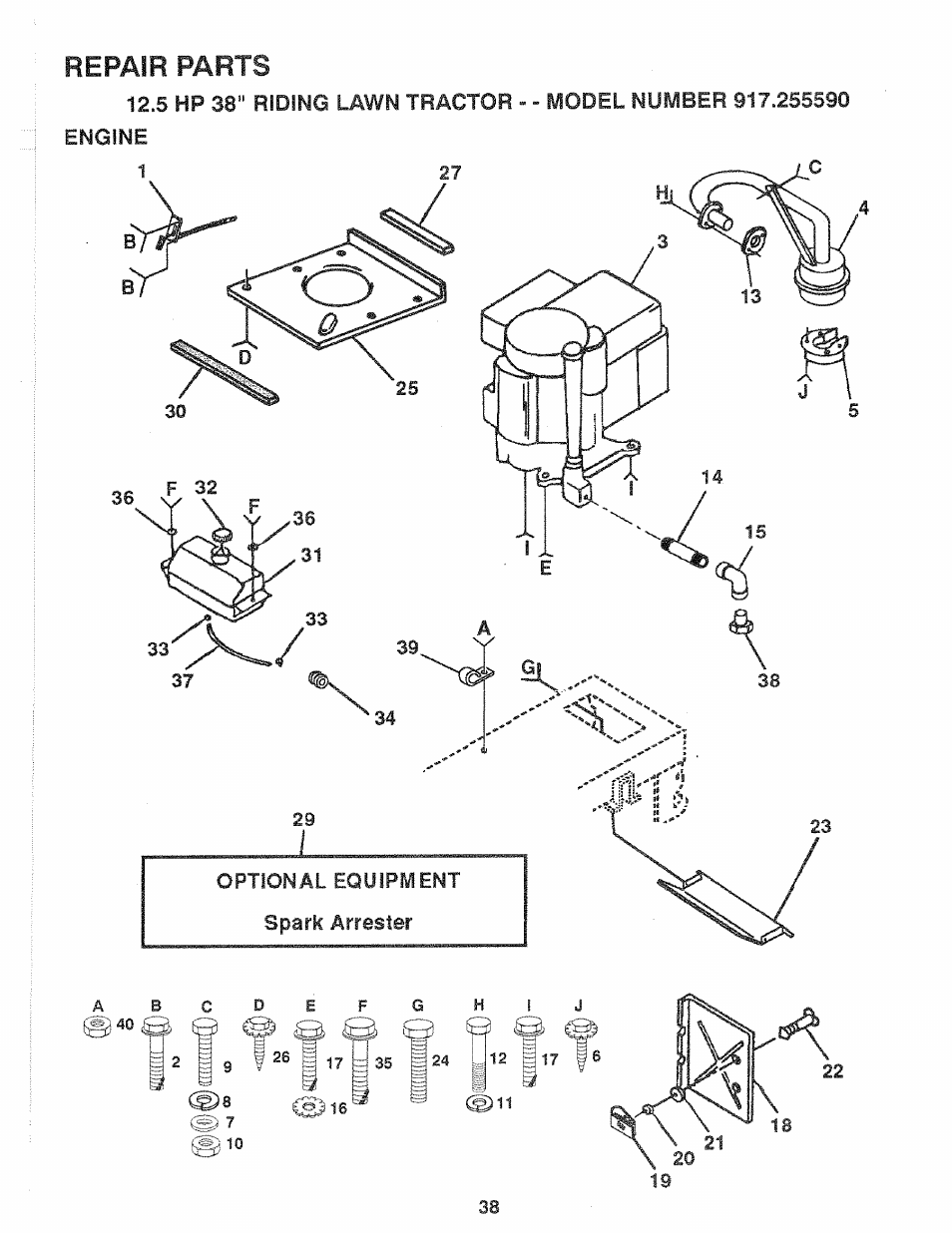 Repair parts, 5 hp 38" riding lawn tractor engine | Sears 917.25559 User Manual | Page 38 / 52