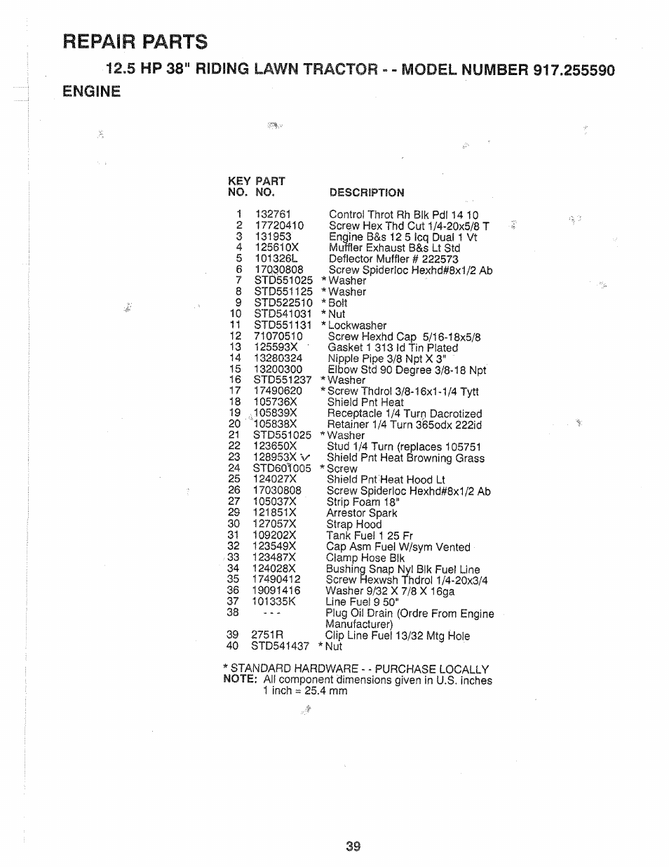 Repair parts, 5 hp 38“ riding lawn tractor | Sears 917.25559 User Manual | Page 39 / 52