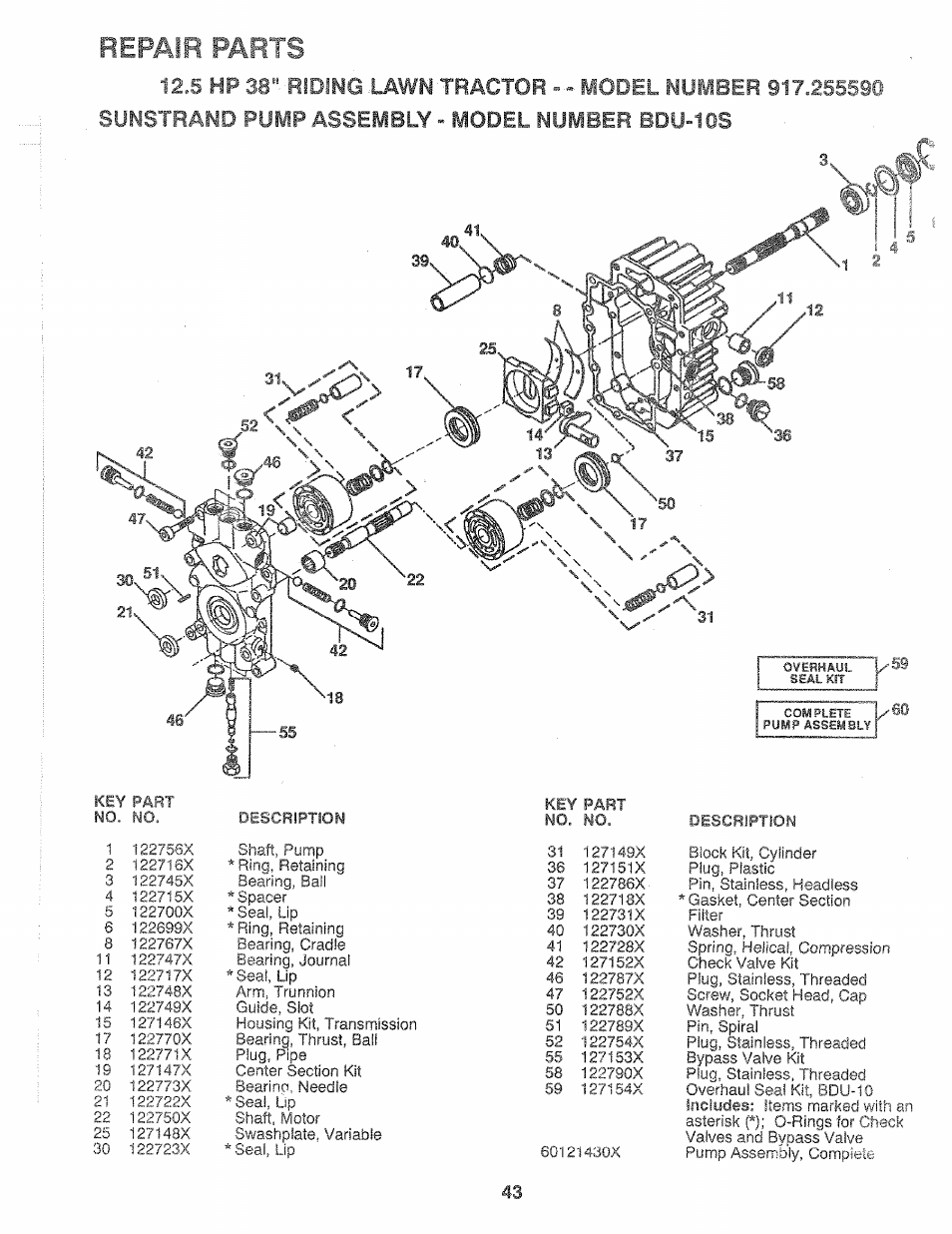 Repair parts | Sears 917.25559 User Manual | Page 43 / 52
