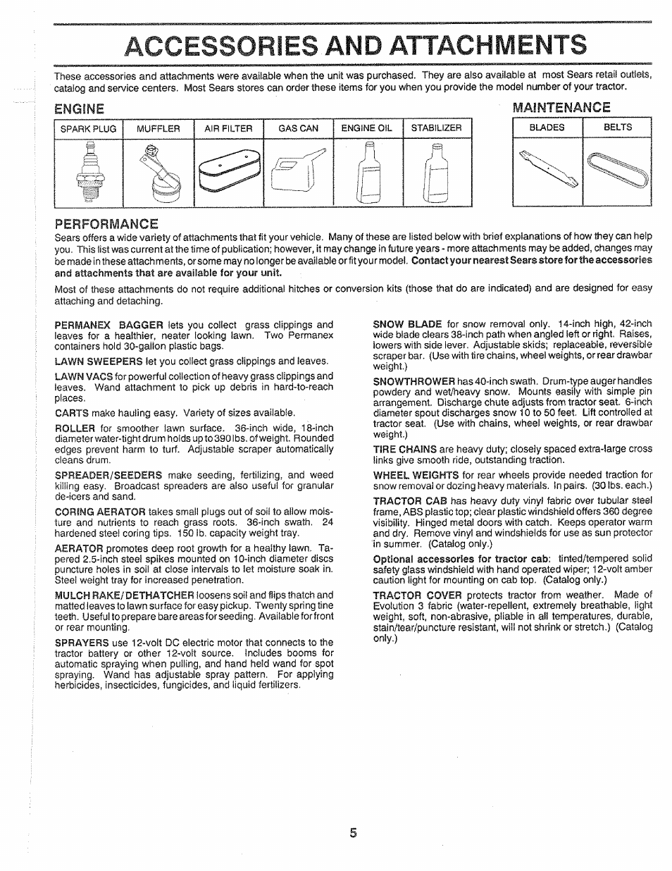 Accessories and attachments, Engine maintenance performance | Sears 917.25559 User Manual | Page 5 / 52