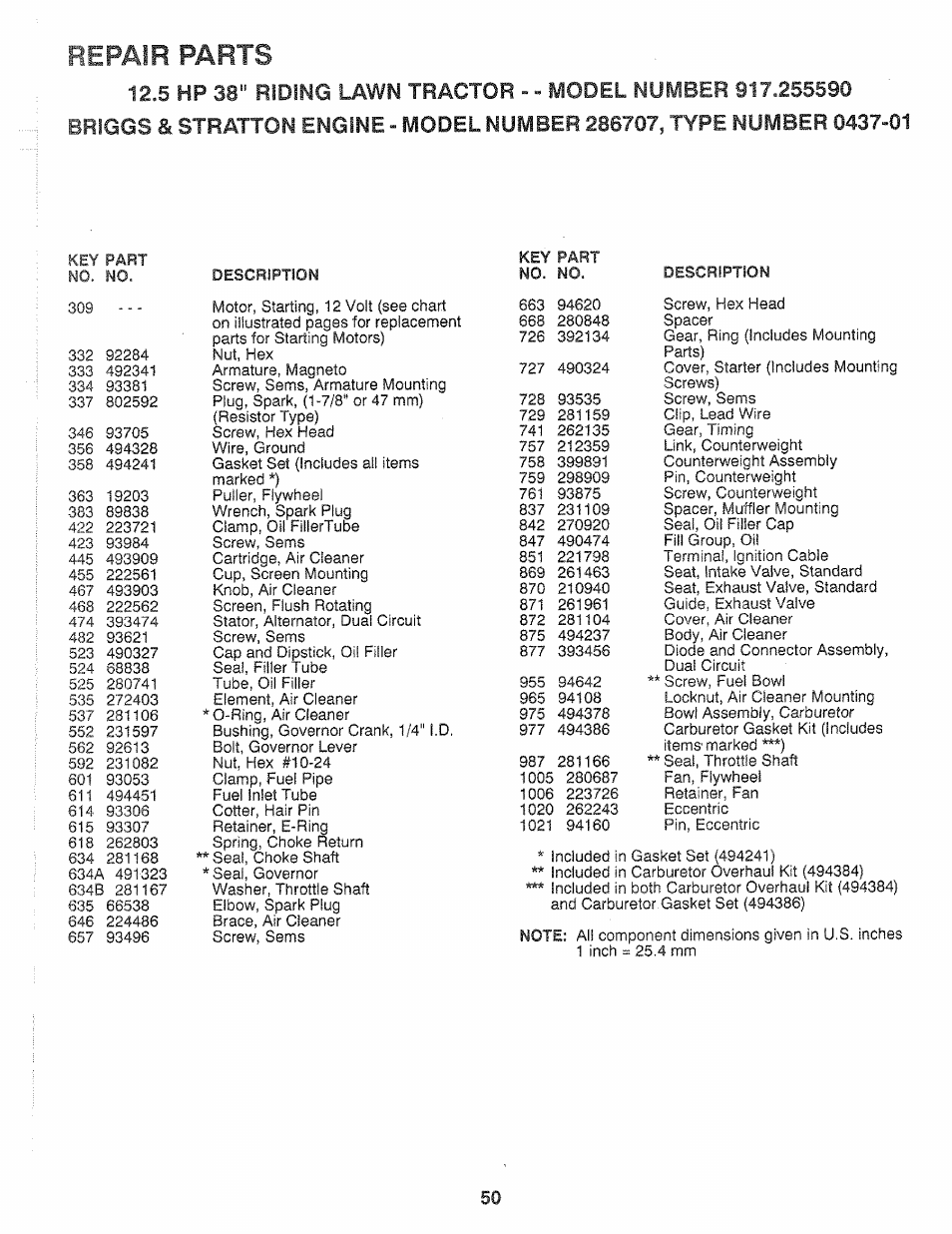 Repair parts | Sears 917.25559 User Manual | Page 50 / 52