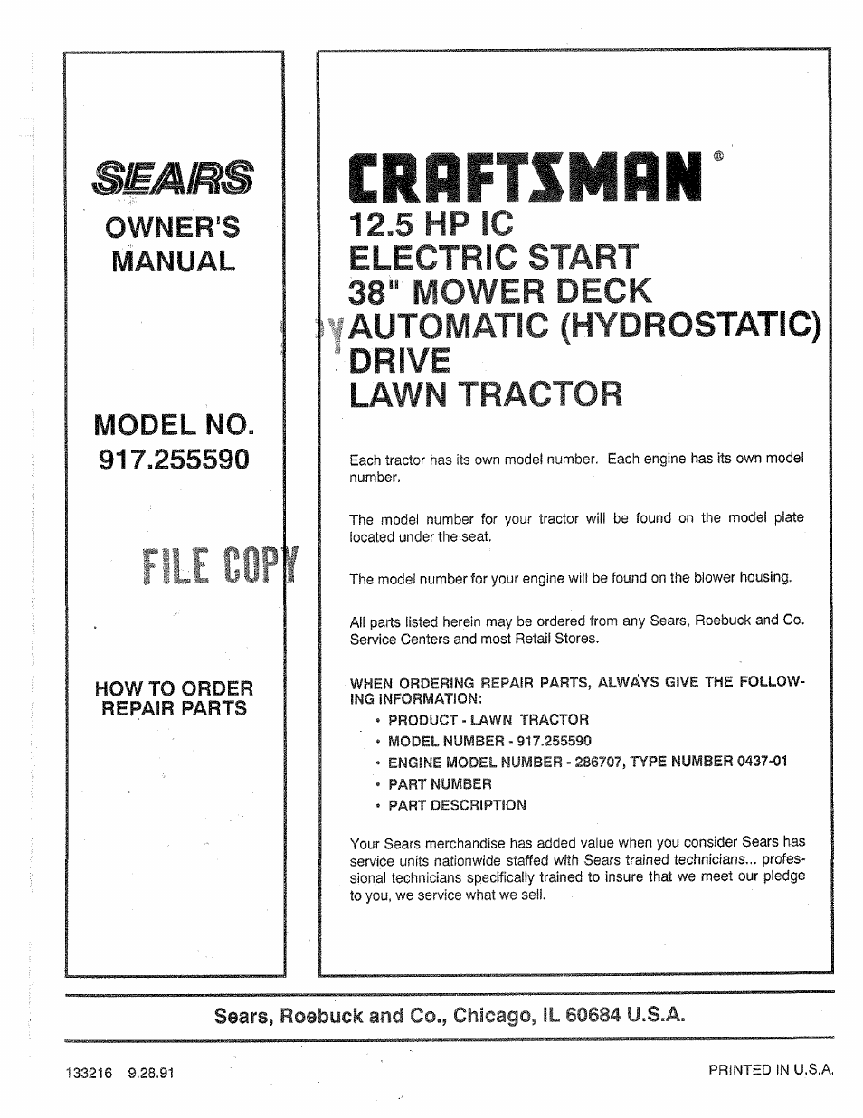 File cop, Crrftsmrn, 5 hp ic | Owner's, Manual | Sears 917.25559 User Manual | Page 52 / 52