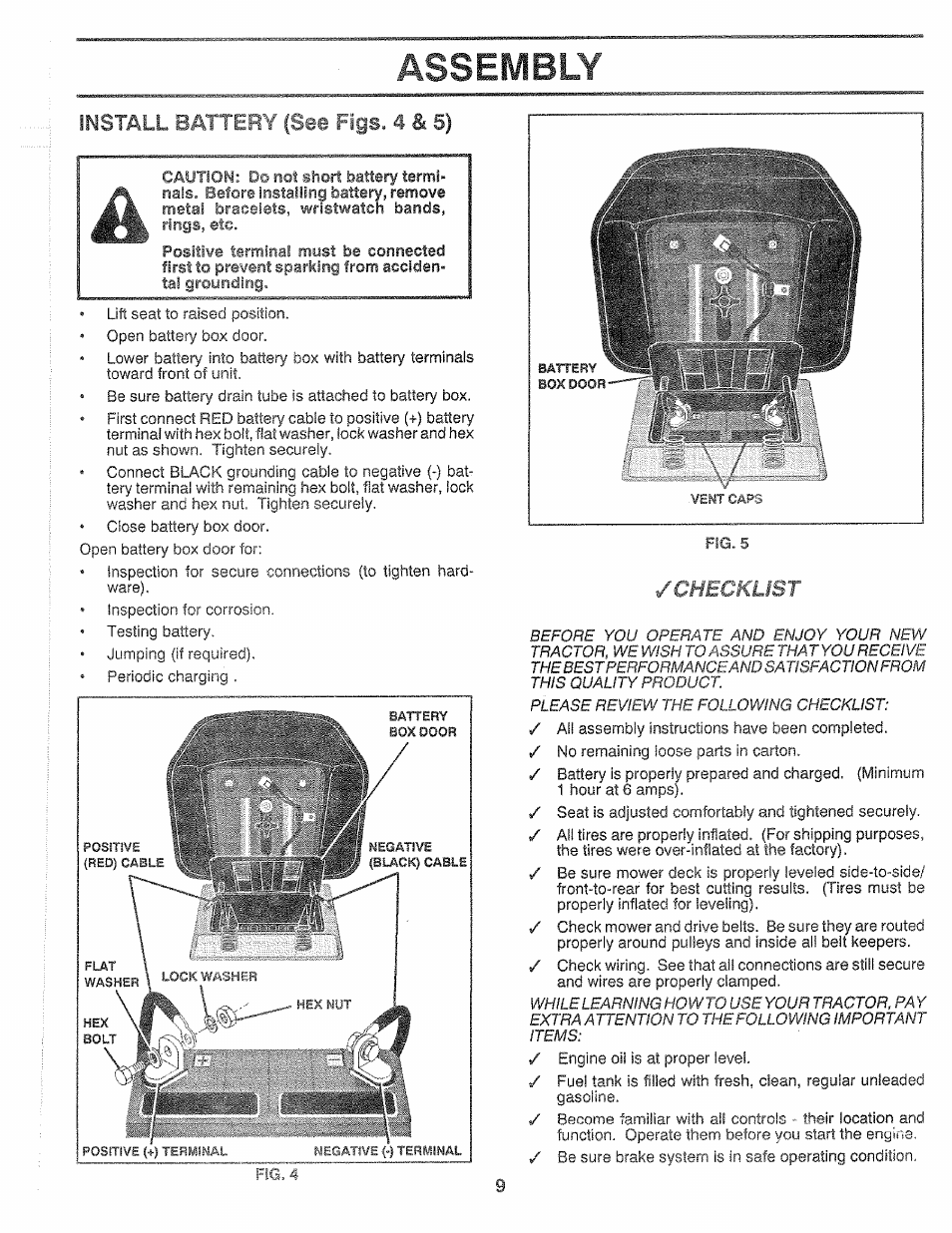 Assembly, Battery, Red) cable negative | Flat, Vent caps, Install, Checklist | Sears 917.25559 User Manual | Page 9 / 52
