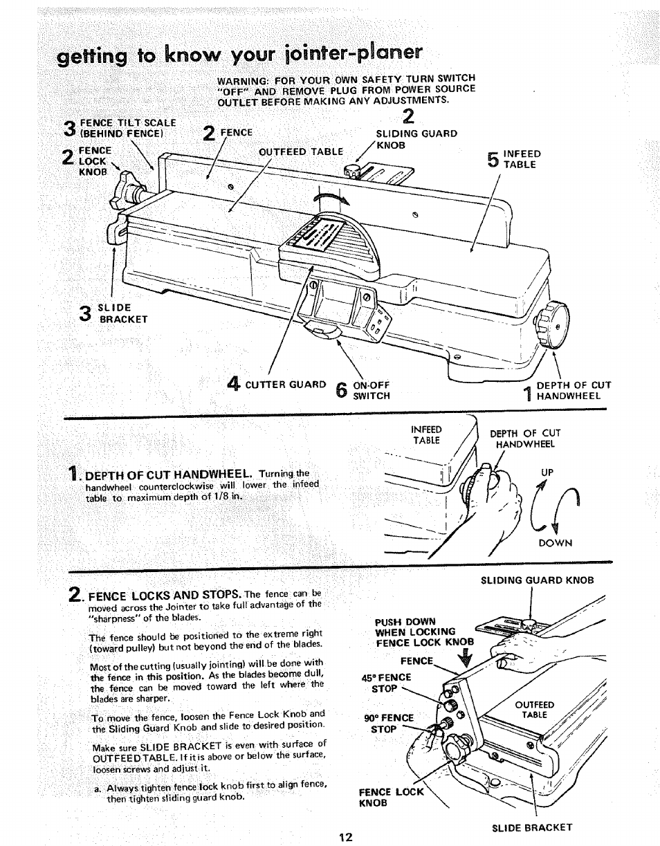 Depth of cut handwheel. turning_ilie, Getting to know your joirster-ploner, Stops | Sears 113.206931 User Manual | Page 12 / 32