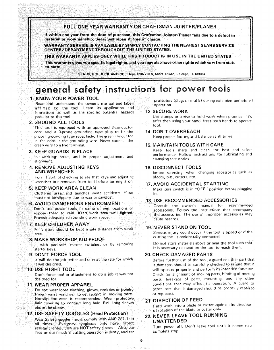 General safety insfractioiis for power tools | Sears 113.206931 User Manual | Page 2 / 32