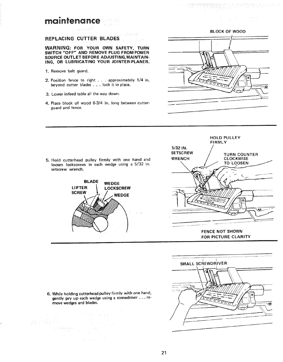 Replacing cutter blades, Wedge, Lockscrew | Maintenance | Sears 113.206931 User Manual | Page 21 / 32