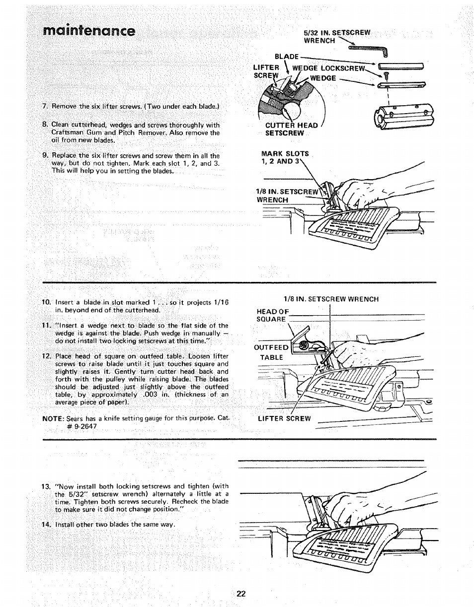 5/32 in. setscrew wrench, Blade, Lifter \ wedge lockscrew. 'wedge | Maintenance | Sears 113.206931 User Manual | Page 22 / 32