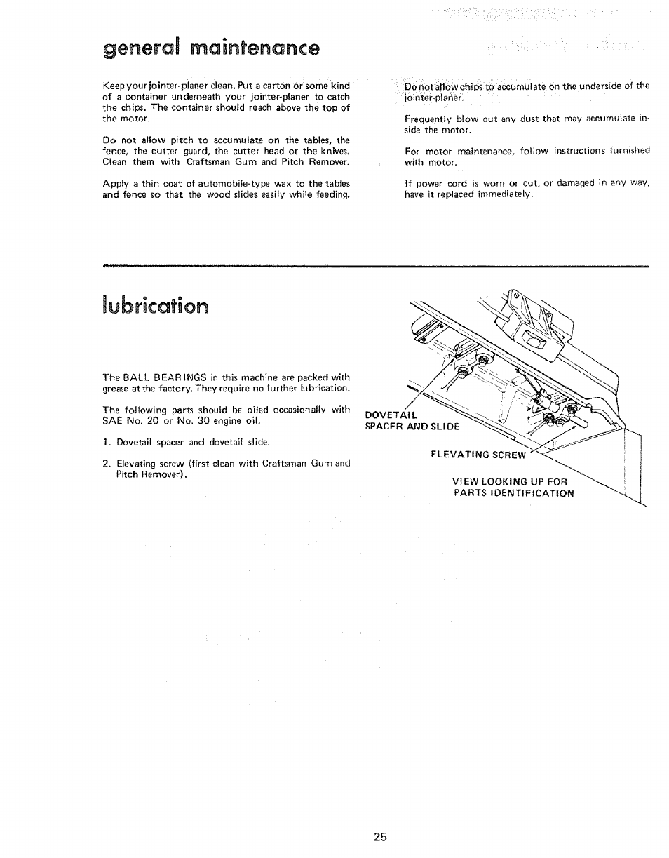 Generai mainteriarìce, Lubricofion, General maintenance | Sears 113.206931 User Manual | Page 25 / 32
