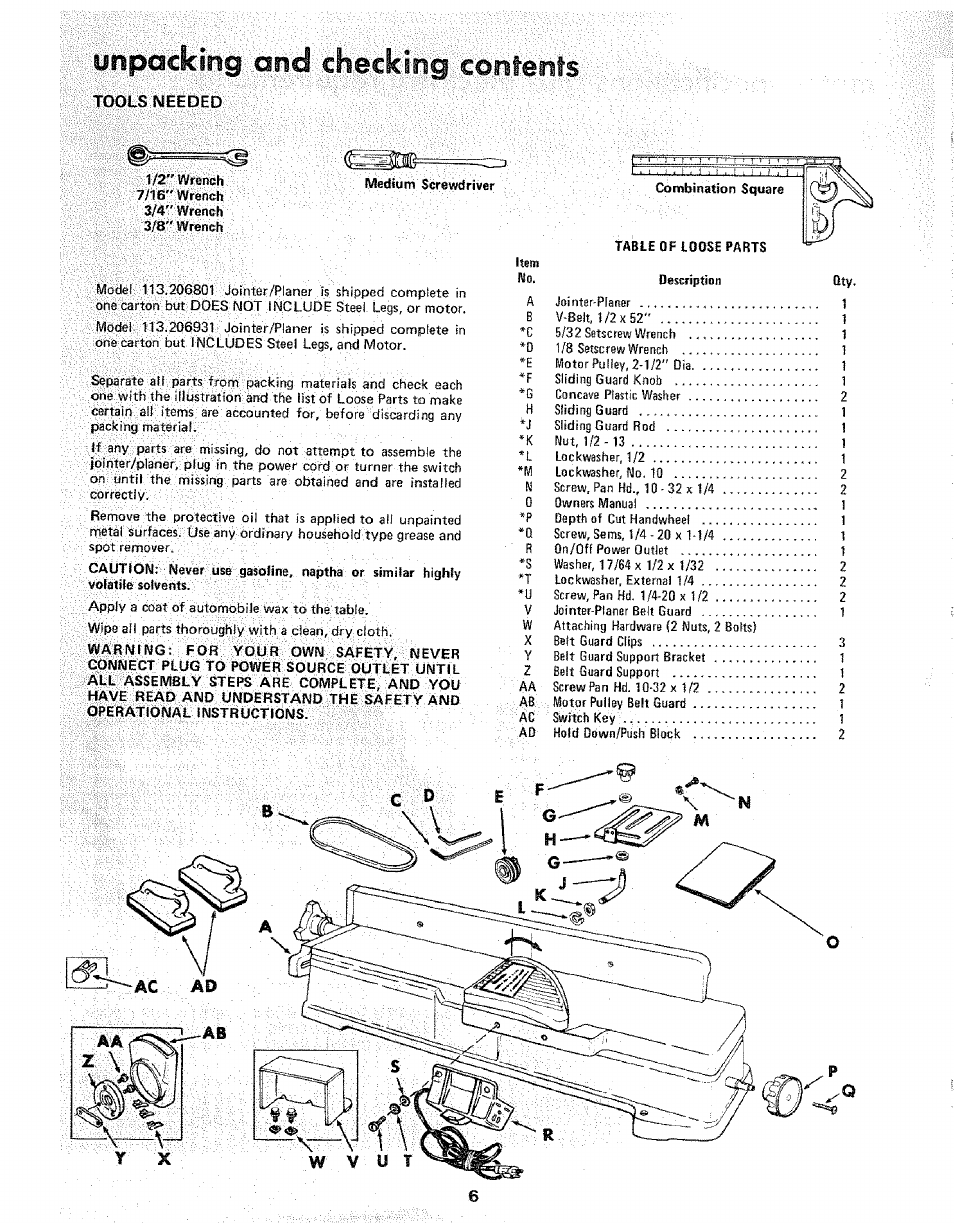 Urspacking and checking confetifs, Tools needed, Unpacking and checking contents | Sears 113.206931 User Manual | Page 6 / 32