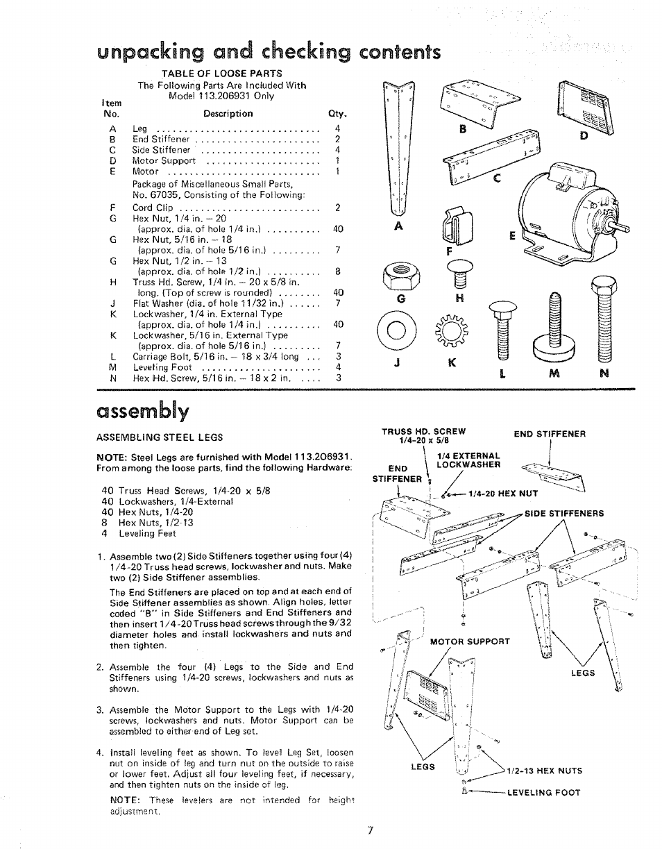 Assembly, Assembliisig steel legs, Assembling steer legs | Unpacking and checking contents | Sears 113.206931 User Manual | Page 7 / 32
