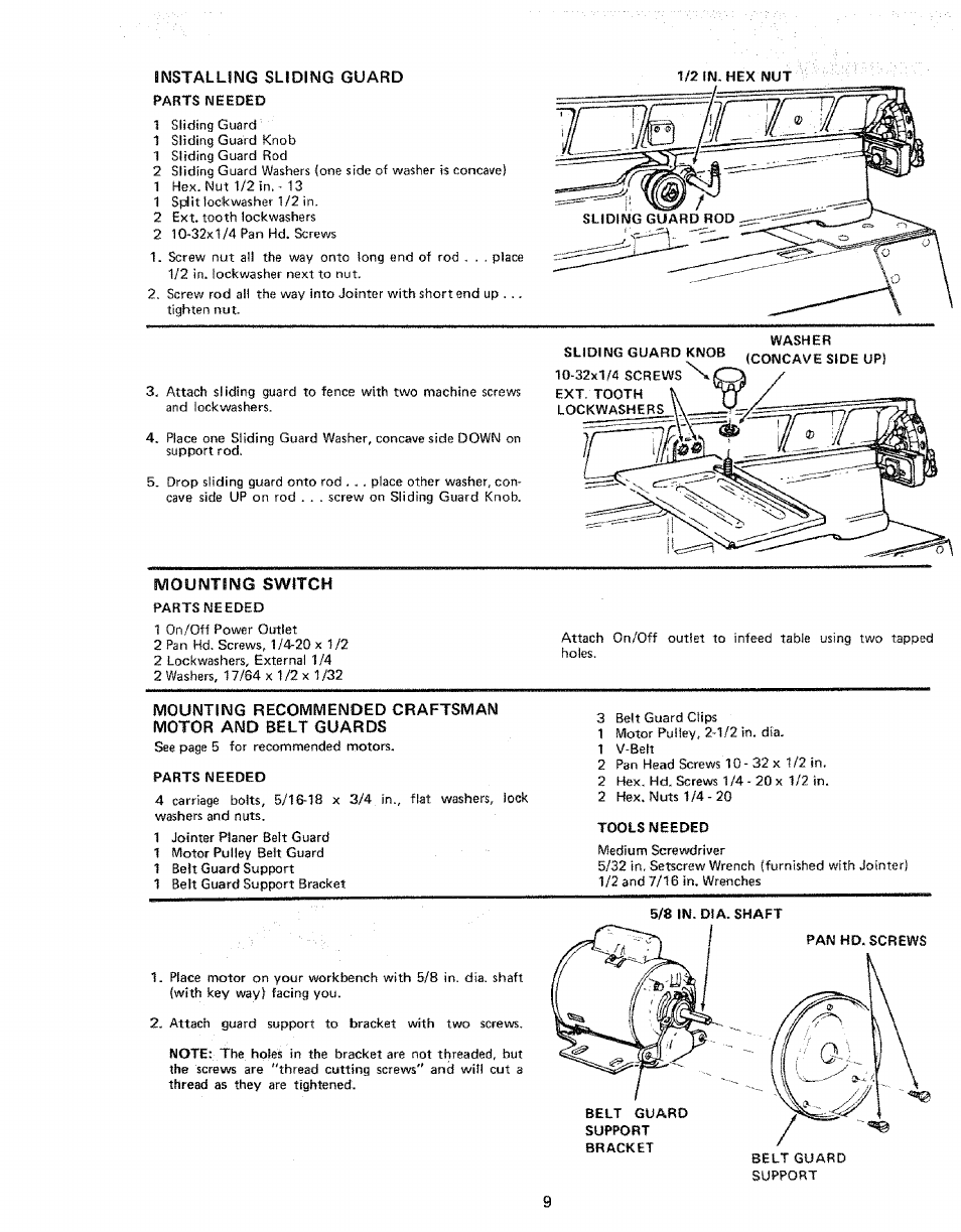 Installing sliding guard, Parts needed, Washer | Mounting switch, Tools needed, Installing sliding guard mounting switch | Sears 113.206931 User Manual | Page 9 / 32