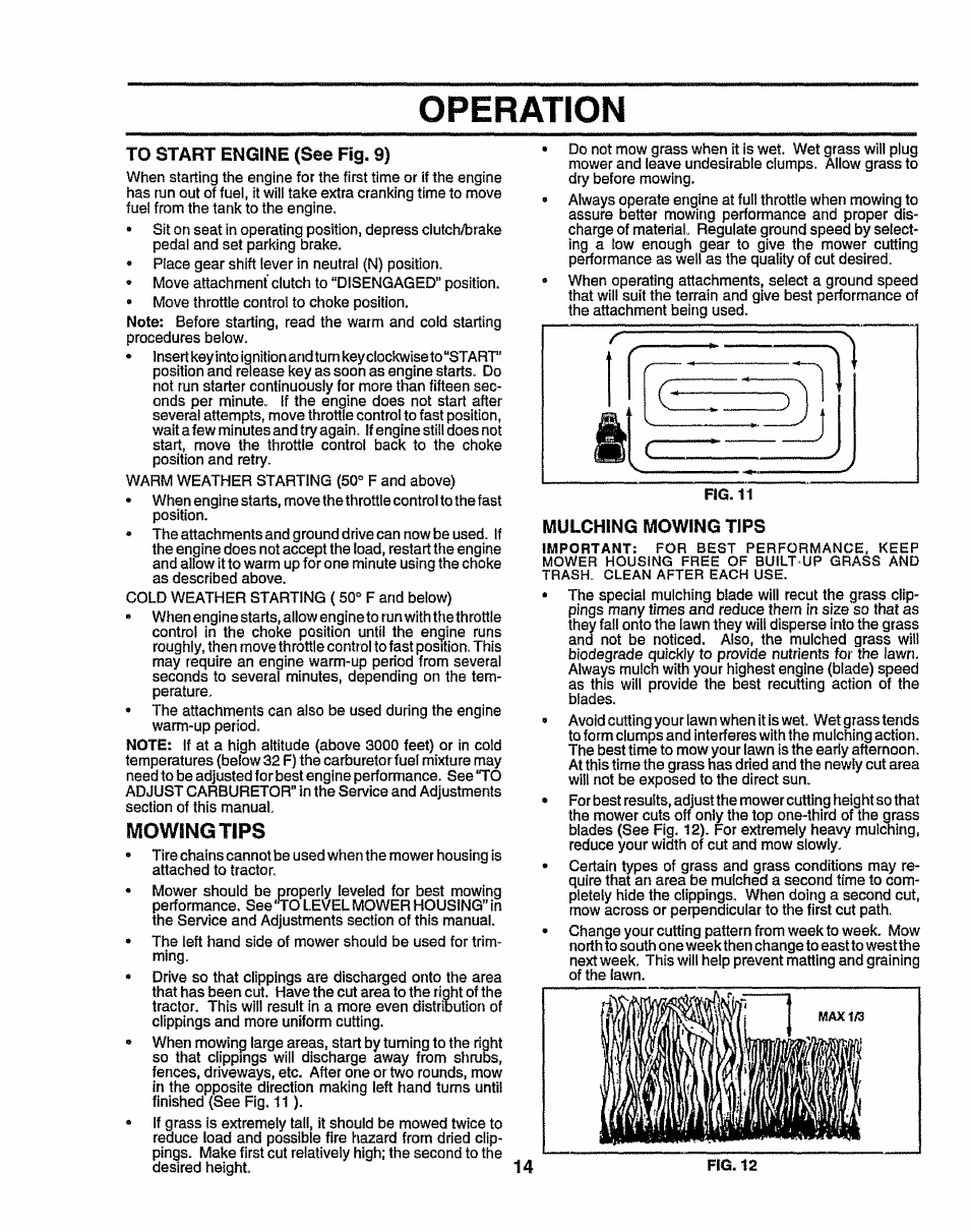 Nppratirin, To start engine (see fig. 9), Mowing tips | Mulching mowing tips, Viir^eirimi imin | Sears 917.258524 User Manual | Page 14 / 56