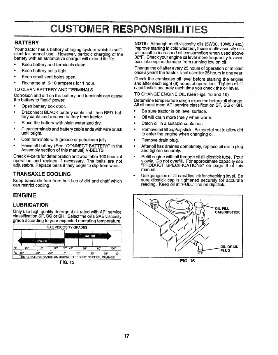 Battery, Transaxle cooling, Engine | Lubrication, Customer responsibilities | Sears 917.258524 User Manual | Page 17 / 56
