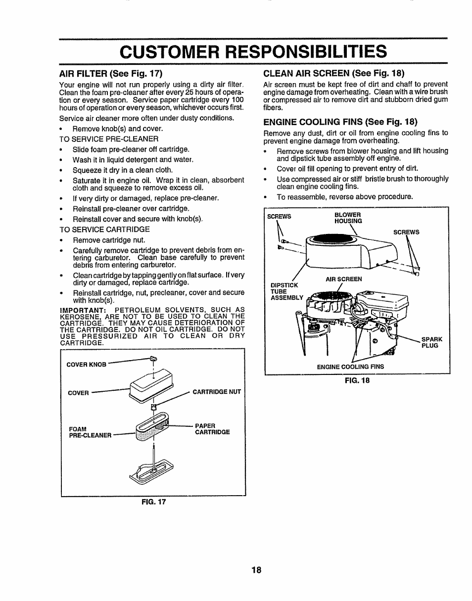 Air filter (see fig. 17), Clean am screen (see fig. 18), Engine cooling fins (see fig. 18) | Customer responsibilities | Sears 917.258524 User Manual | Page 18 / 56