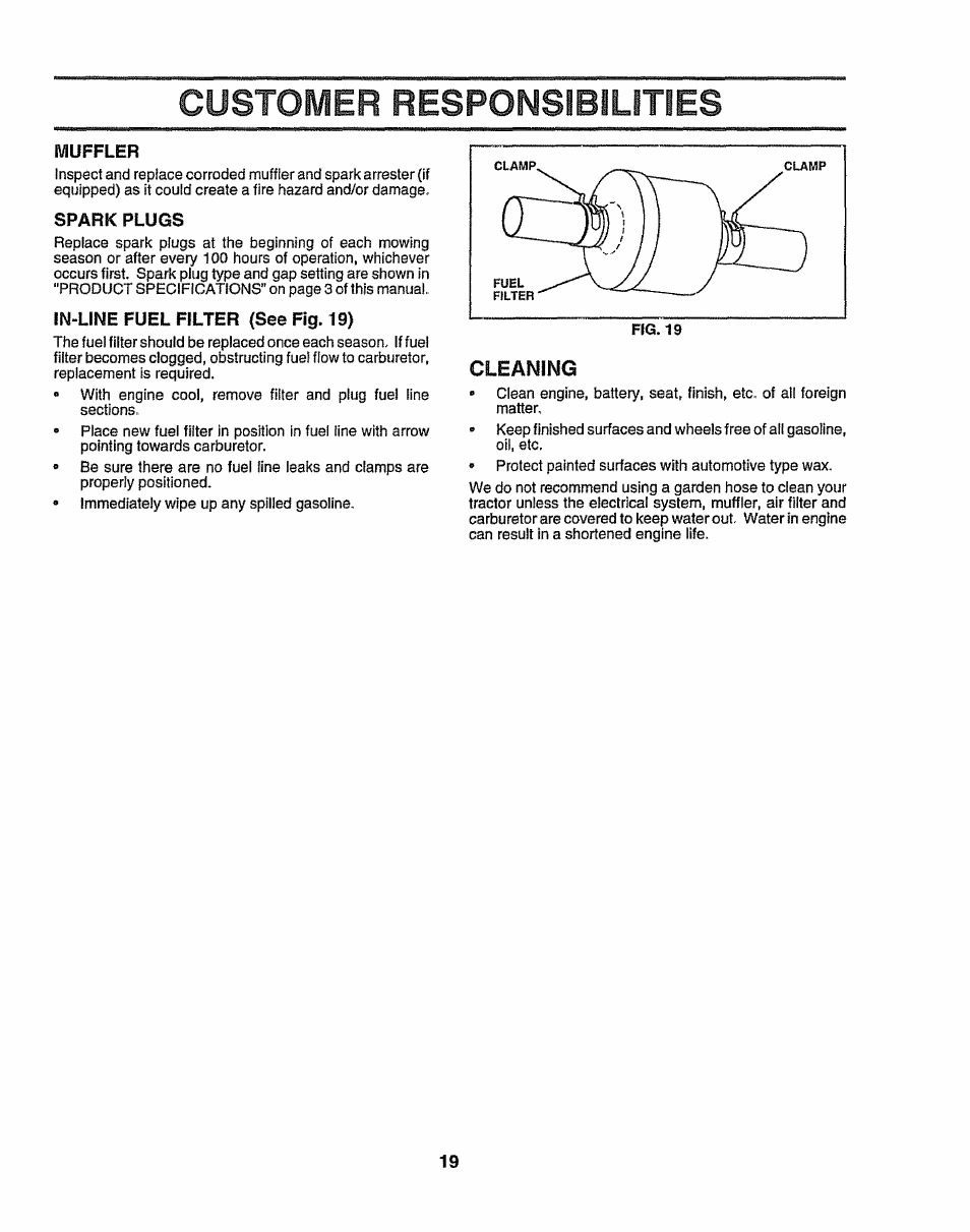 Muffler, Spark plugs, In-line fuel filter (see fig. 19) | Cleaning, Customer responsibilities | Sears 917.258524 User Manual | Page 19 / 56