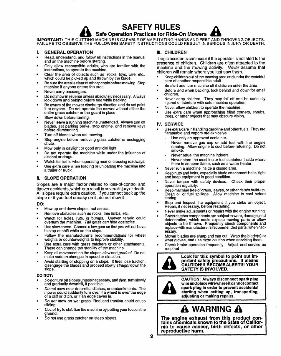 Safe operation practices for ride-on mowers, Safety rules, Warning | Sears 917.258524 User Manual | Page 2 / 56