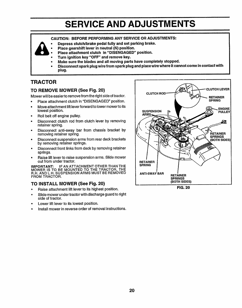 Tractor, To remove mower (see fig. 20), To install mower (see fig. 20) | Service and adjustments | Sears 917.258524 User Manual | Page 20 / 56