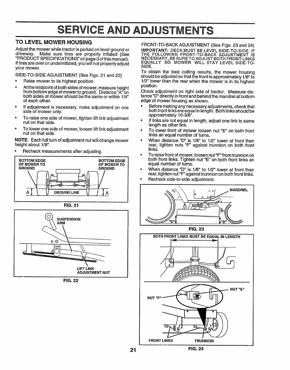 To level mower housing, Service and adjustments | Sears 917.258524 User Manual | Page 21 / 56