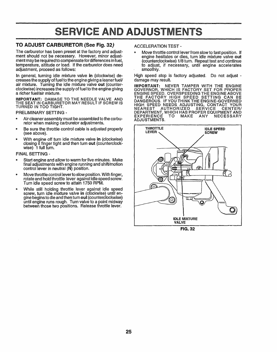To adjust carburetor (see fig. 32), Service and adjustments | Sears 917.258524 User Manual | Page 25 / 56