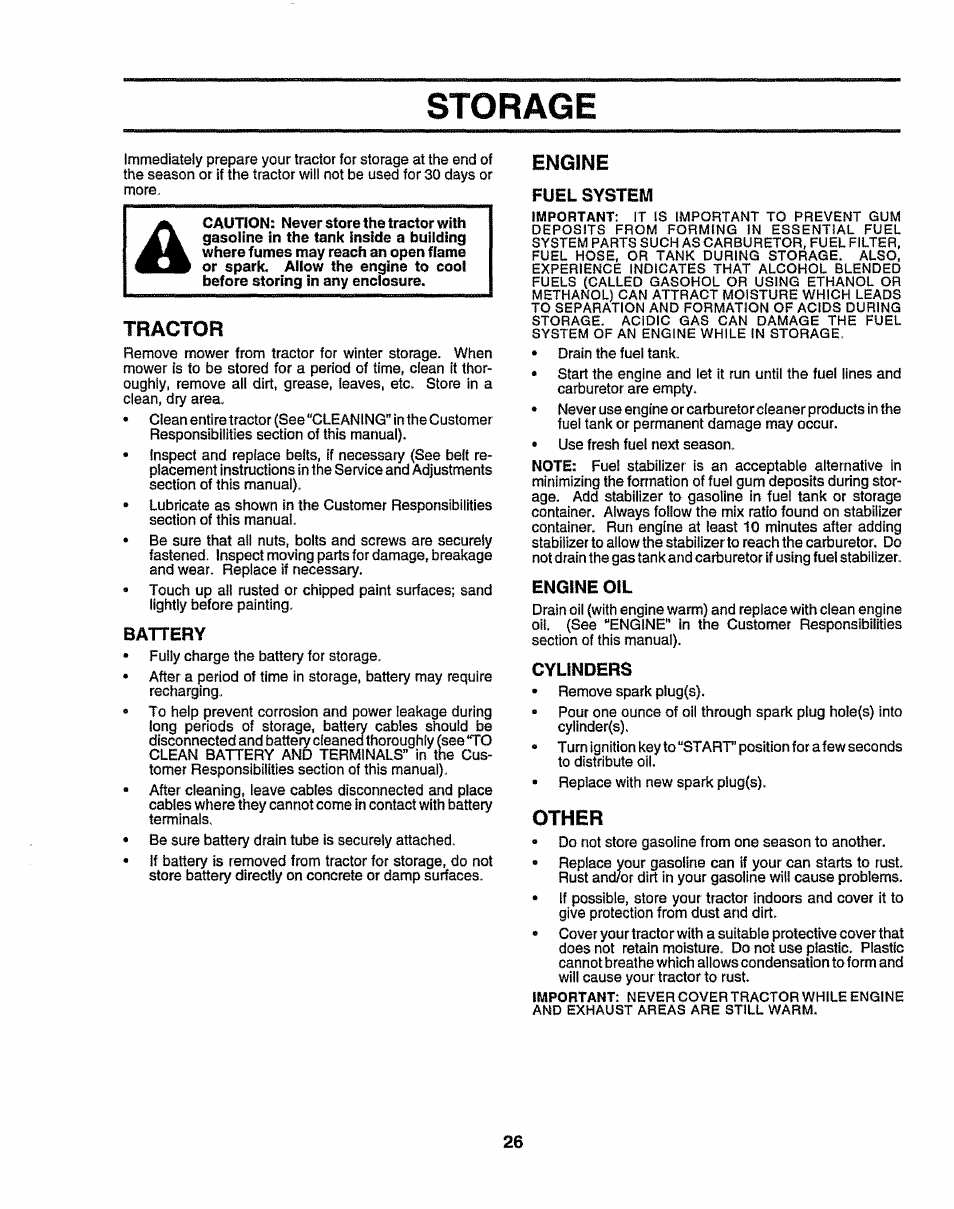 Storage, Tractor, Battery | Engine, Fuel system, Engine oil, Cylinders, Other | Sears 917.258524 User Manual | Page 26 / 56