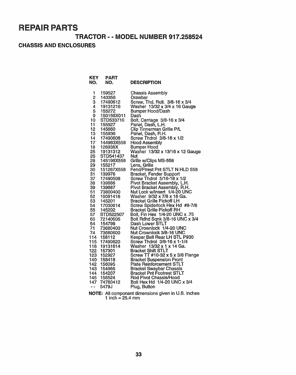 Tractor - - model number 917.258524, Repair parts, Chassis and enclosures | Sears 917.258524 User Manual | Page 33 / 56