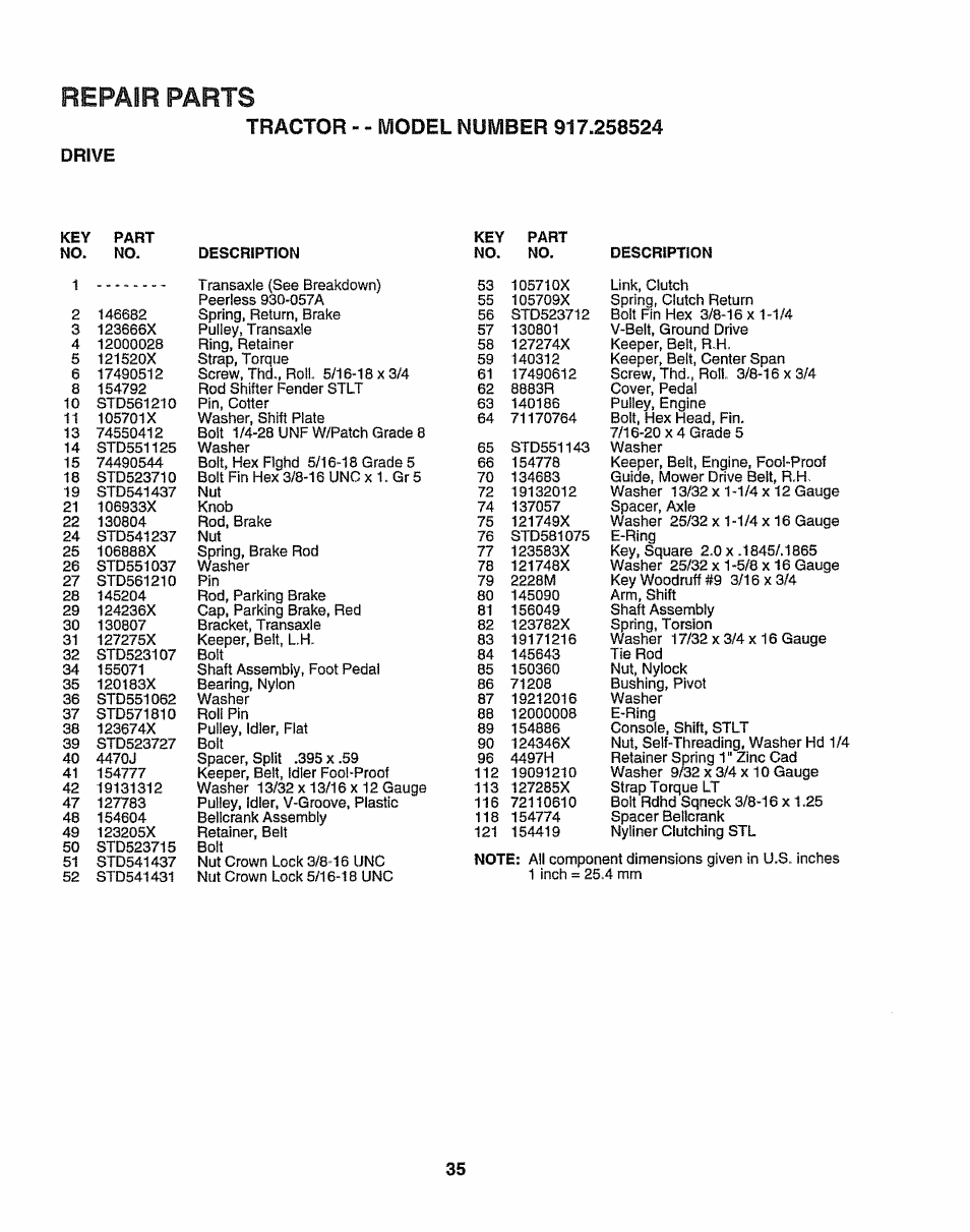 Drive, Repair parts | Sears 917.258524 User Manual | Page 35 / 56