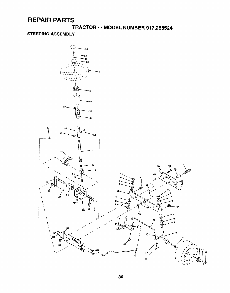 Tractor - - model number 917.258524, Steering assembly, Repair parts | Sears 917.258524 User Manual | Page 36 / 56