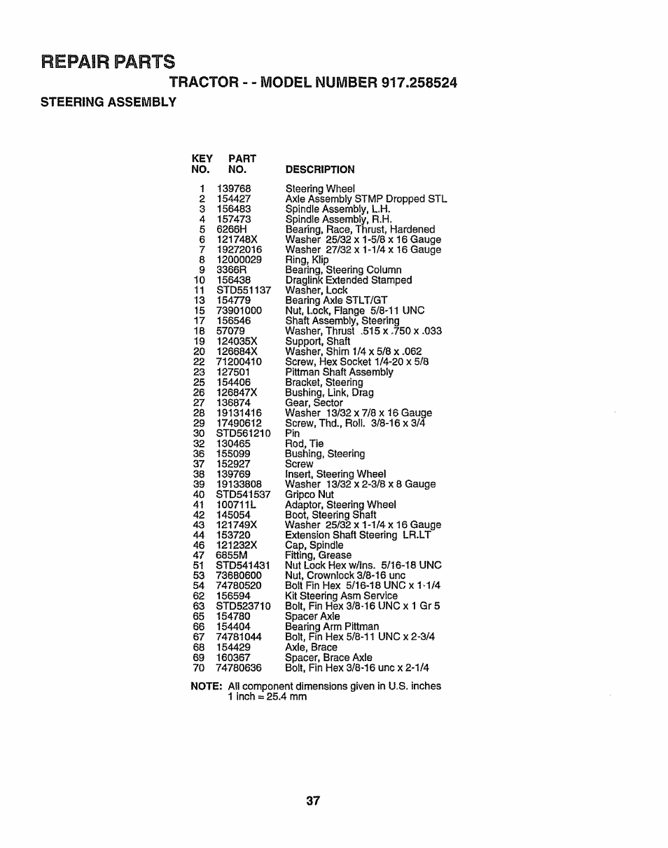 Tractor - - model number 917.258524, Steering assembly, Repair parts | Sears 917.258524 User Manual | Page 37 / 56