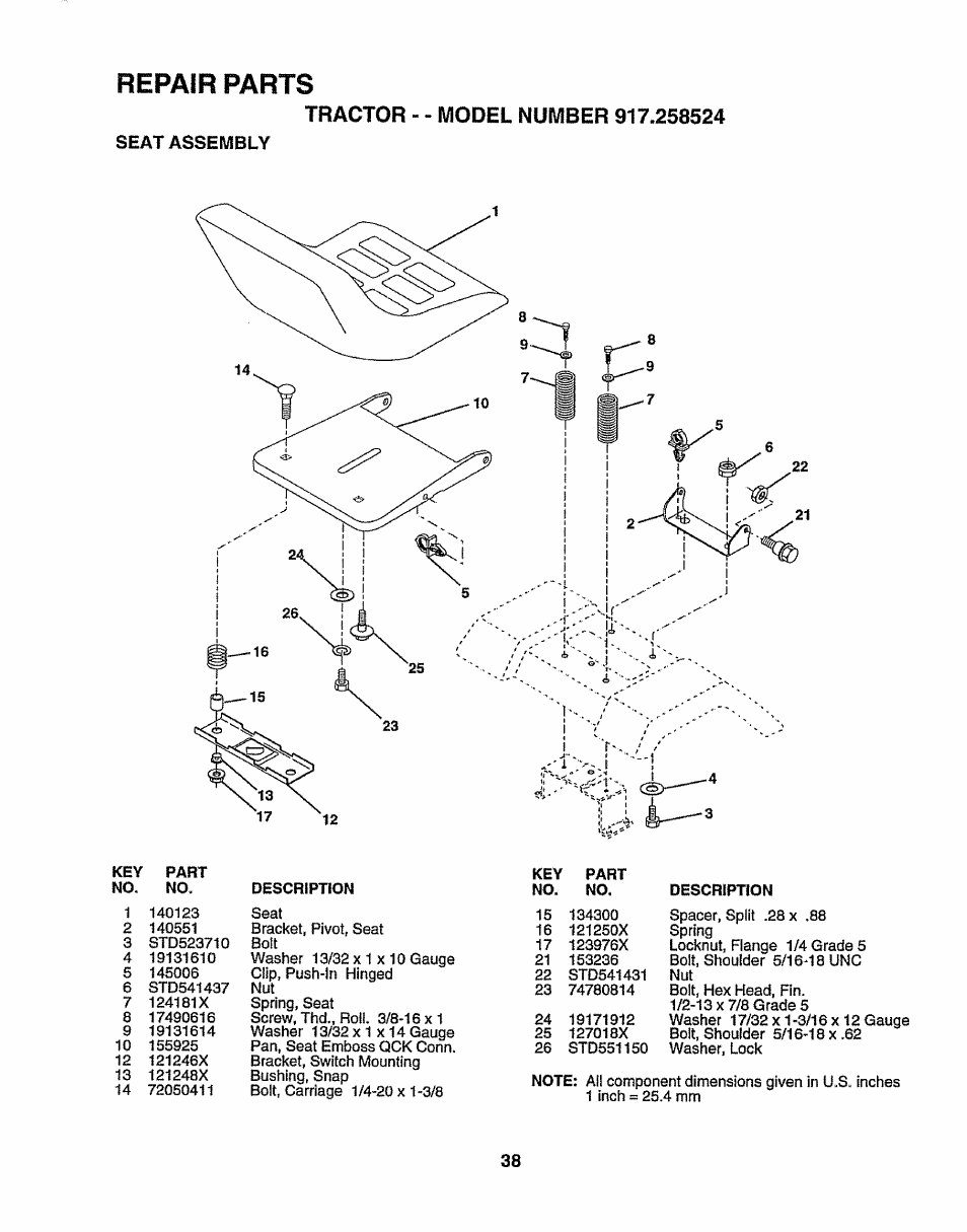 Seat assembly, Repair parts | Sears 917.258524 User Manual | Page 38 / 56