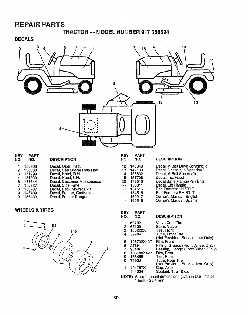 Repair parts | Sears 917.258524 User Manual | Page 39 / 56